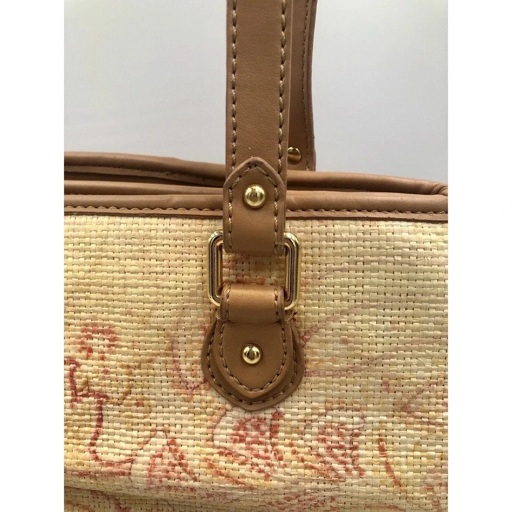 Etienne Aigner Floral Straw Hand Bag Cream Coral Camel Compartment Spring - Picture 8 of 13